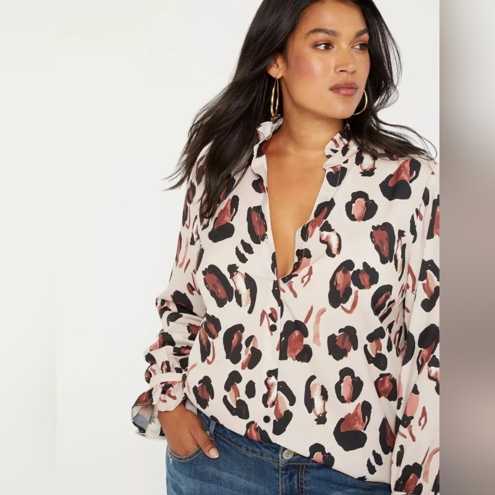 NWT Eloquii Leopard Print Button-down Shirt w/Ruffle Neck 20